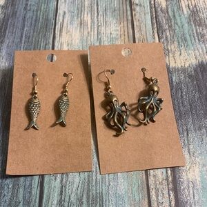 Octopus and Fish Gold-tone Dangle Earrings